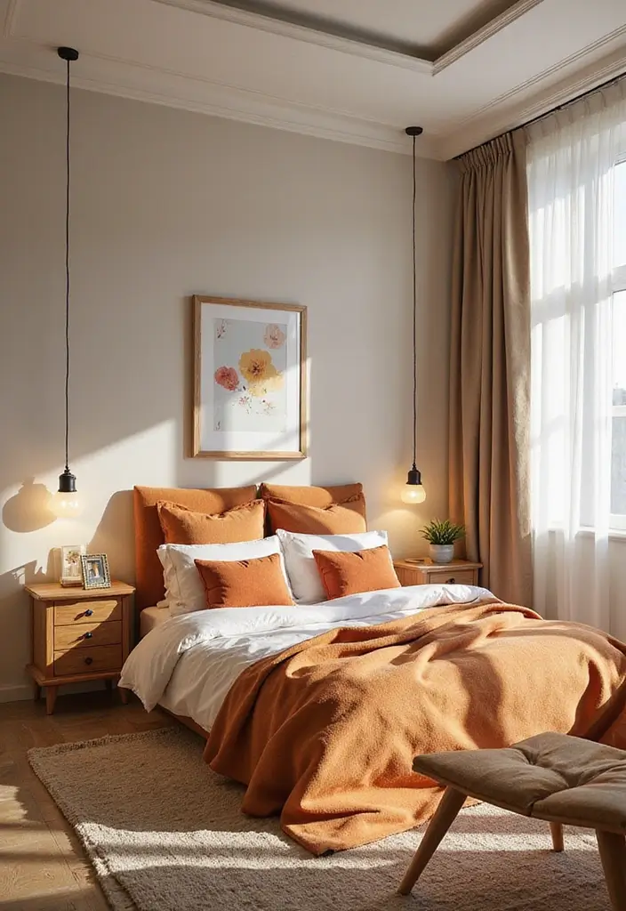 25 Bedroom Decor Ideas with Light Wood Furniture and Neutral Tones 23 25 Bedroom Decor Ideas with Light Wood Furniture and Neutral Tones - 13. Warm Color Pops