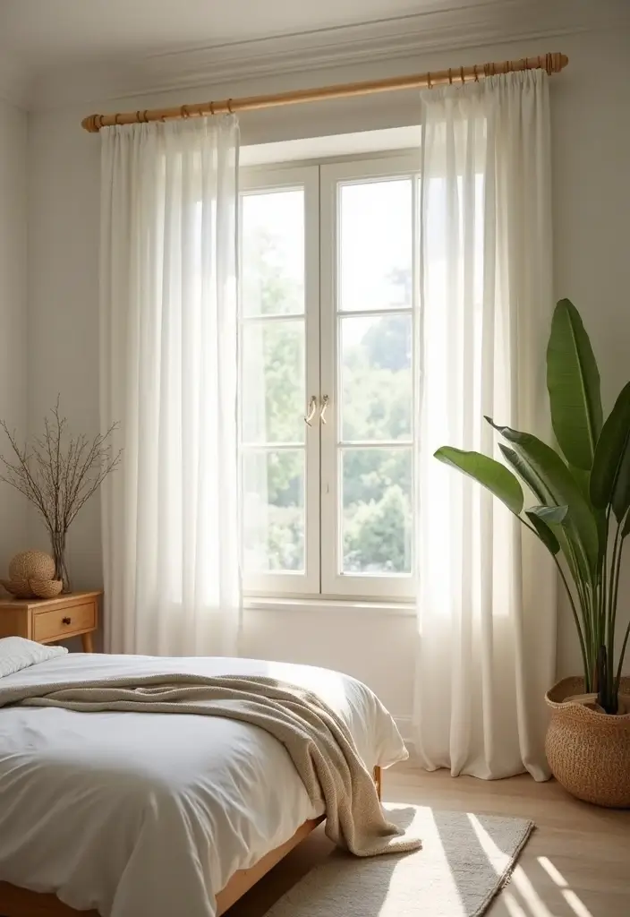 25 Bedroom Decor Ideas with Light Wood Furniture and Neutral Tones 26 25 Bedroom Decor Ideas with Light Wood Furniture and Neutral Tones - 14. Elegant Window Treatments