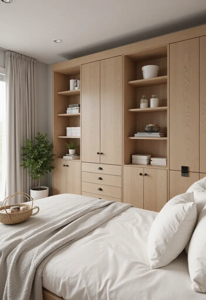 25 Bedroom Decor Ideas with Light Wood Furniture and Neutral Tones 33 25 Bedroom Decor Ideas with Light Wood Furniture and Neutral Tones - 17. Built-In Storage Solutions