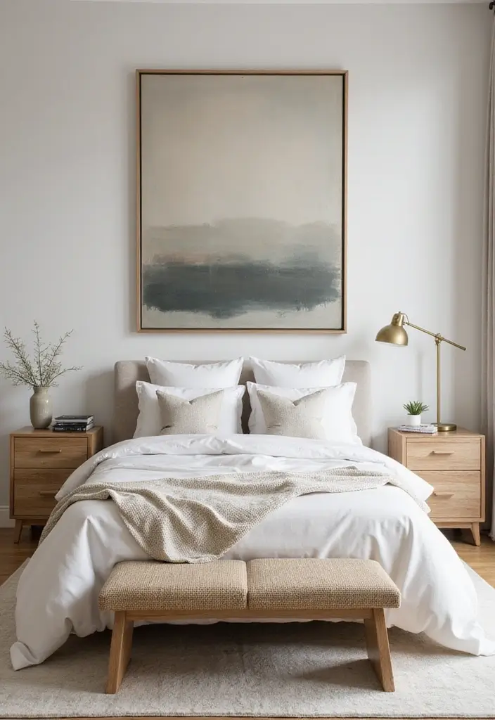 25 Bedroom Decor Ideas with Light Wood Furniture and Neutral Tones 14 25 Bedroom Decor Ideas with Light Wood Furniture and Neutral Tones - 8. Statement Art Piece