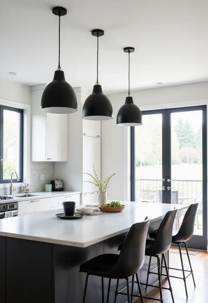 25 Black White and Wood Kitchen Decor Ideas for a Clean Look 34 25 Black White and Wood Kitchen Decor Ideas for a Clean Look - 8. Bold Lighting Fixtures