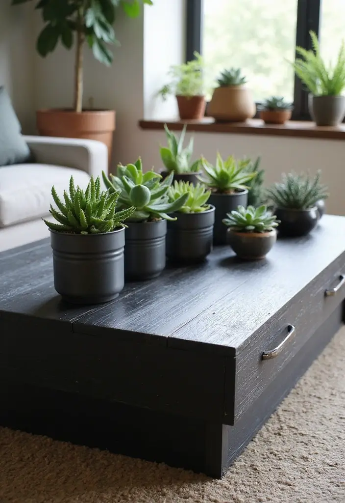 25 Black Wood and Green Decor Ideas for Earthy Modern Homes 1 25 Black Wood and Green Decor Ideas for Earthy Modern Homes - 1. Black Wood Coffee Table with Succulent Arrangement