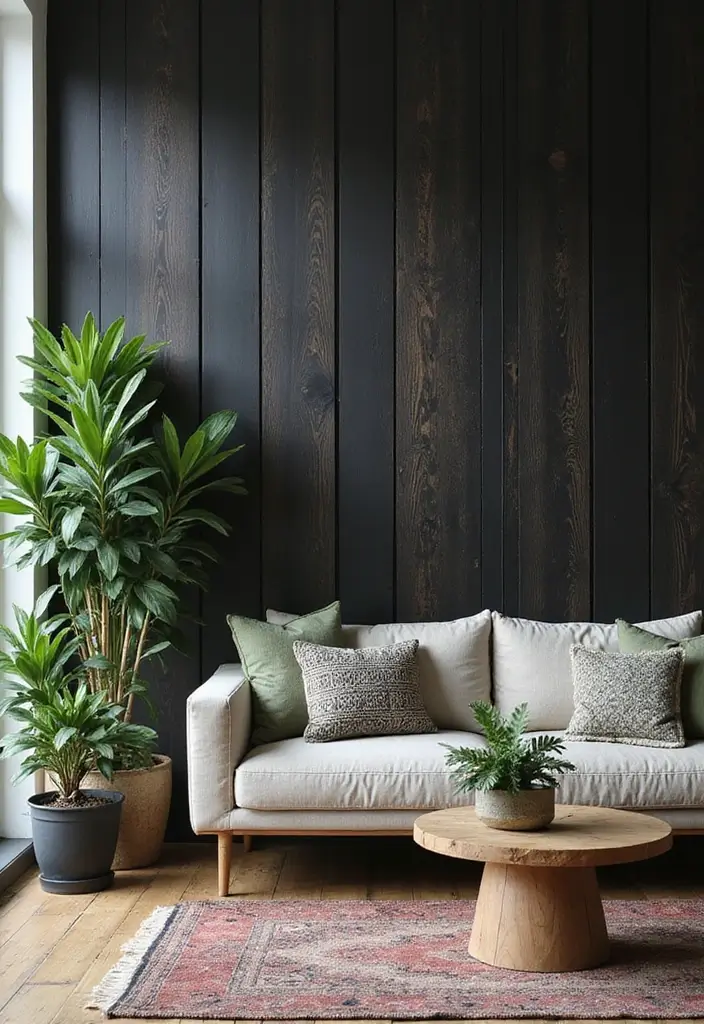 25 Black Wood and Green Decor Ideas for Earthy Modern Homes 10 25 Black Wood and Green Decor Ideas for Earthy Modern Homes - 10. Black Wood Accent Wall with Green Decor