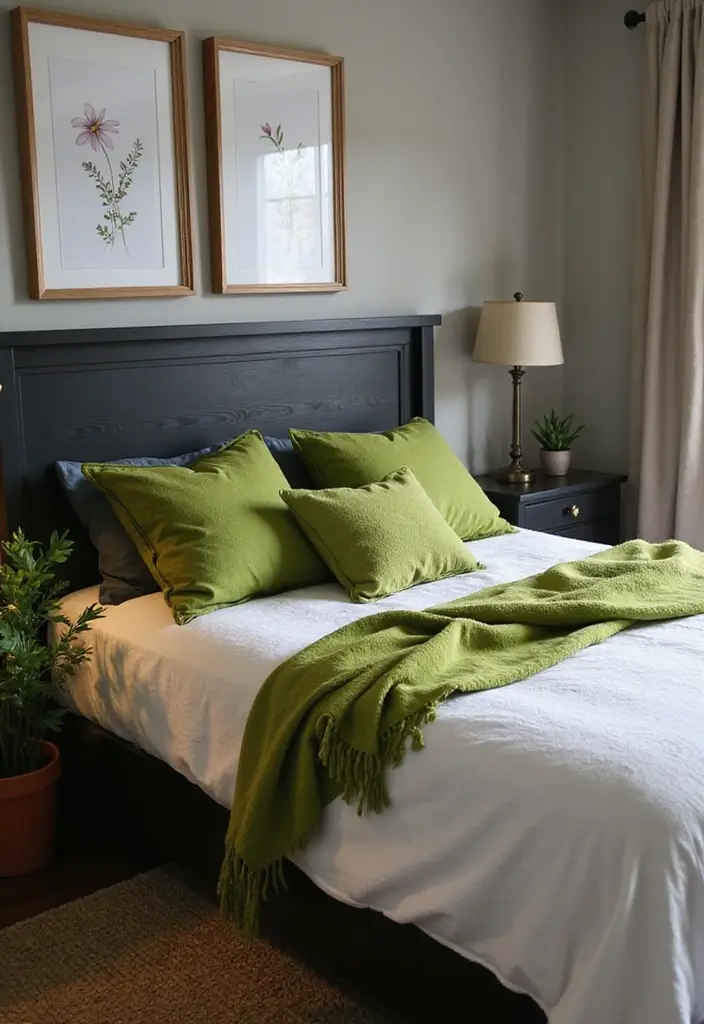 25 Black Wood and Green Decor Ideas for Earthy Modern Homes 32 25 Black Wood and Green Decor Ideas for Earthy Modern Homes - 16. Black Wood Headboards with Green Throws