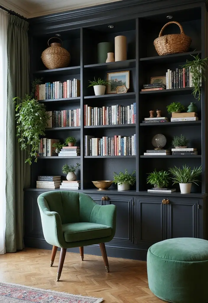 25 Black Wood and Green Decor Ideas for Earthy Modern Homes 35 25 Black Wood and Green Decor Ideas for Earthy Modern Homes - 19. Black Wood Bookcases with Green Decor