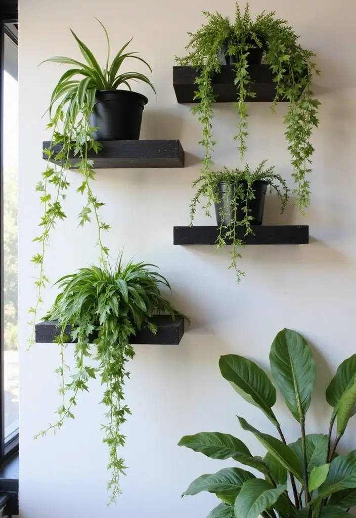 25 Black Wood and Green Decor Ideas for Earthy Modern Homes 2 25 Black Wood and Green Decor Ideas for Earthy Modern Homes - 2. Black Wood Shelves with Hanging Plants