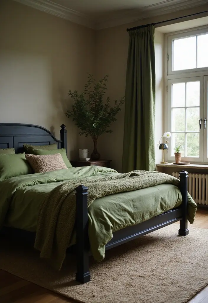 25 Black Wood and Green Decor Ideas for Earthy Modern Homes 6 25 Black Wood and Green Decor Ideas for Earthy Modern Homes - 6. Earthy Black Wood Bed Frame with Green Bedding