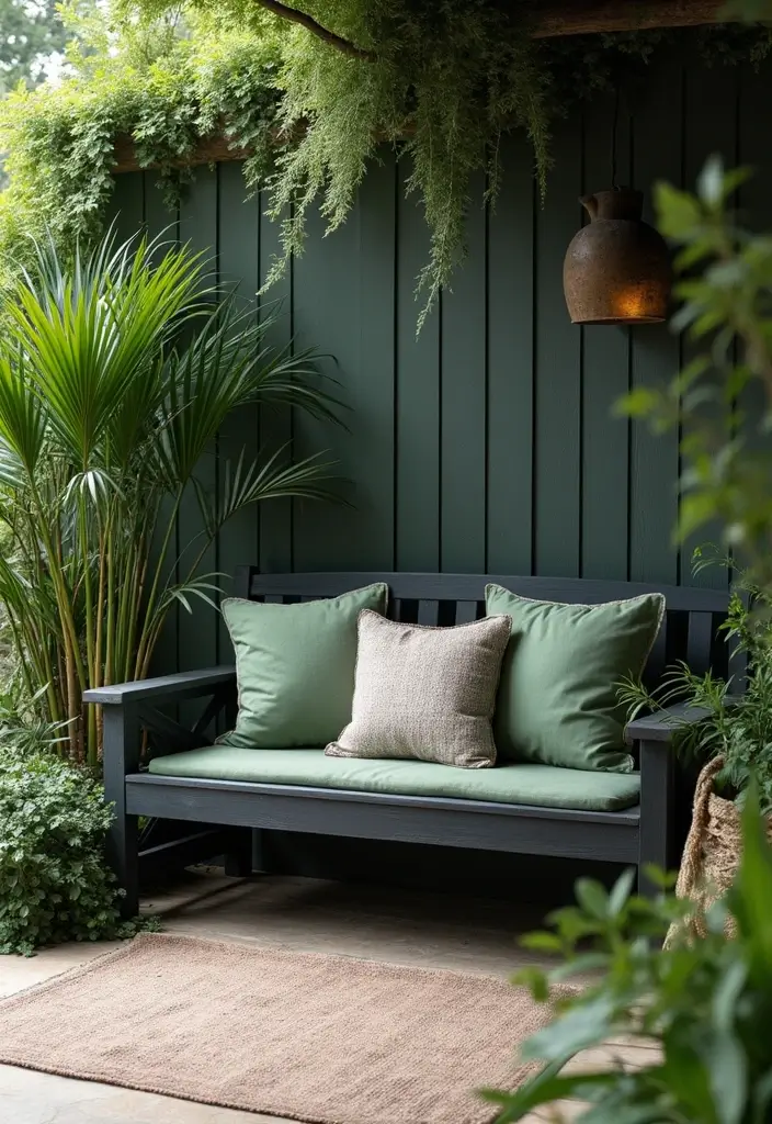 25 Black Wood and Green Decor Ideas for Earthy Modern Homes 9 25 Black Wood and Green Decor Ideas for Earthy Modern Homes - 9. Black Wood Bench with Cushions in a Green Space