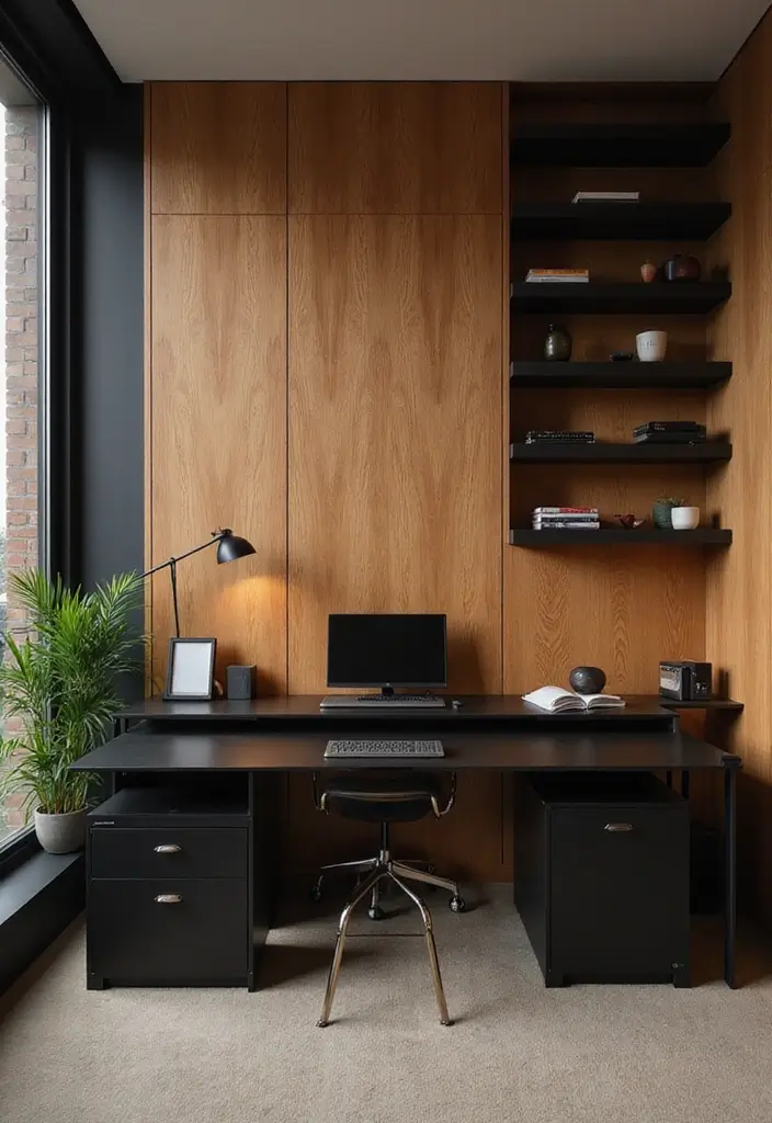 25 Black and Wood Office Decor Ideas That Boost Productivity 7 25 Black and Wood Office Decor Ideas That Boost Productivity - 5. Wooden Accent Wall with Black Furniture