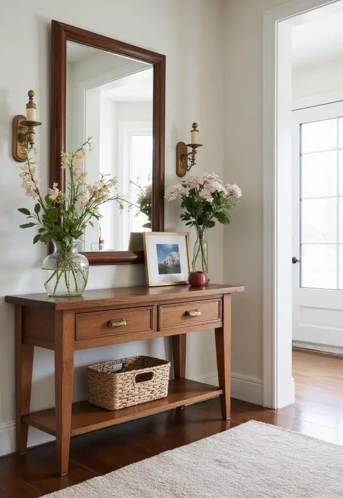 25 Cherry Wood Living Room Decor Ideas That Add Rich Warmth 17 25 Cherry Wood Living Room Decor Ideas That Add Rich Warmth - 7. Cherry Wood Console Table in Entryway