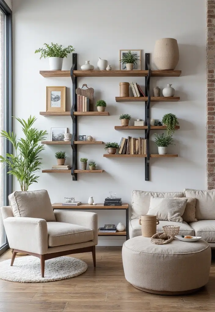 25 Creative Wood Wall Design Ideas for Modern Interiors 32 25 Creative Wood Wall Design Ideas for Modern Interiors - 12. Wood-Metal Fusion Shelves