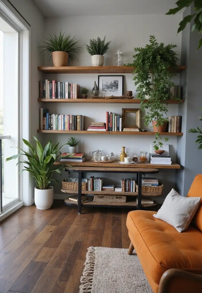 25 Dark Brown Wood Floor Living Room Decor Ideas for a Warm Modern Look 65 25 Dark Brown Wood Floor Living Room Decor Ideas for a Warm Modern Look - 11. Creative Shelving Solutions