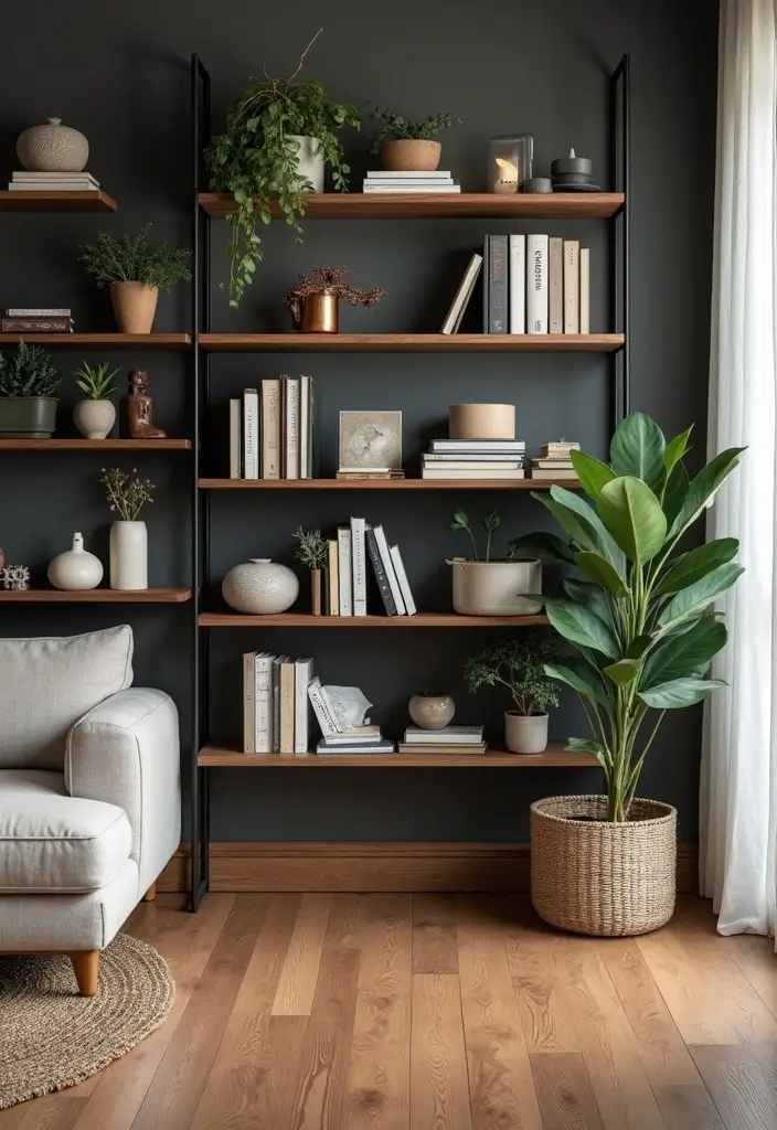 25 Dark Brown Wood Floor Living Room Decor Ideas for a Warm Modern Look 81 25 Dark Brown Wood Floor Living Room Decor Ideas for a Warm Modern Look - 17. Open Shelving Displays