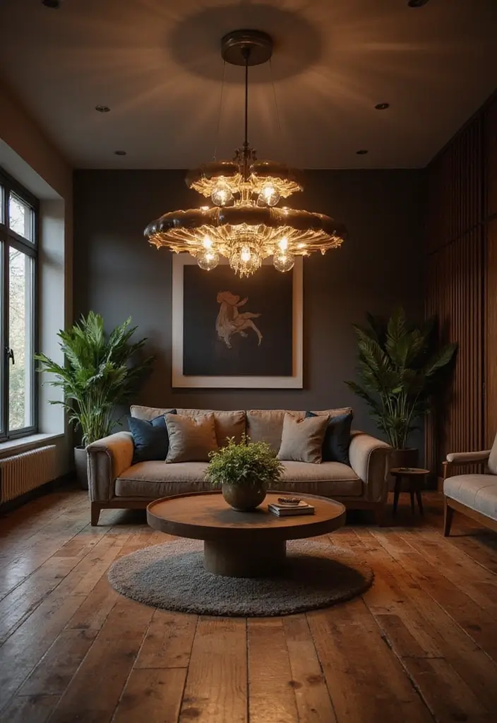 25 Dark Brown Wood Floor Living Room Decor Ideas for a Warm Modern Look 82 25 Dark Brown Wood Floor Living Room Decor Ideas for a Warm Modern Look - 18. Unique Lighting Fixtures