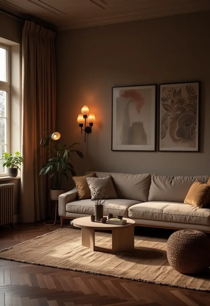 25 Dark Brown Wood Floor Living Room Decor Ideas for a Warm Modern Look 15 25 Dark Brown Wood Floor Living Room Decor Ideas for a Warm Modern Look - 3. Warm Lighting Fixtures