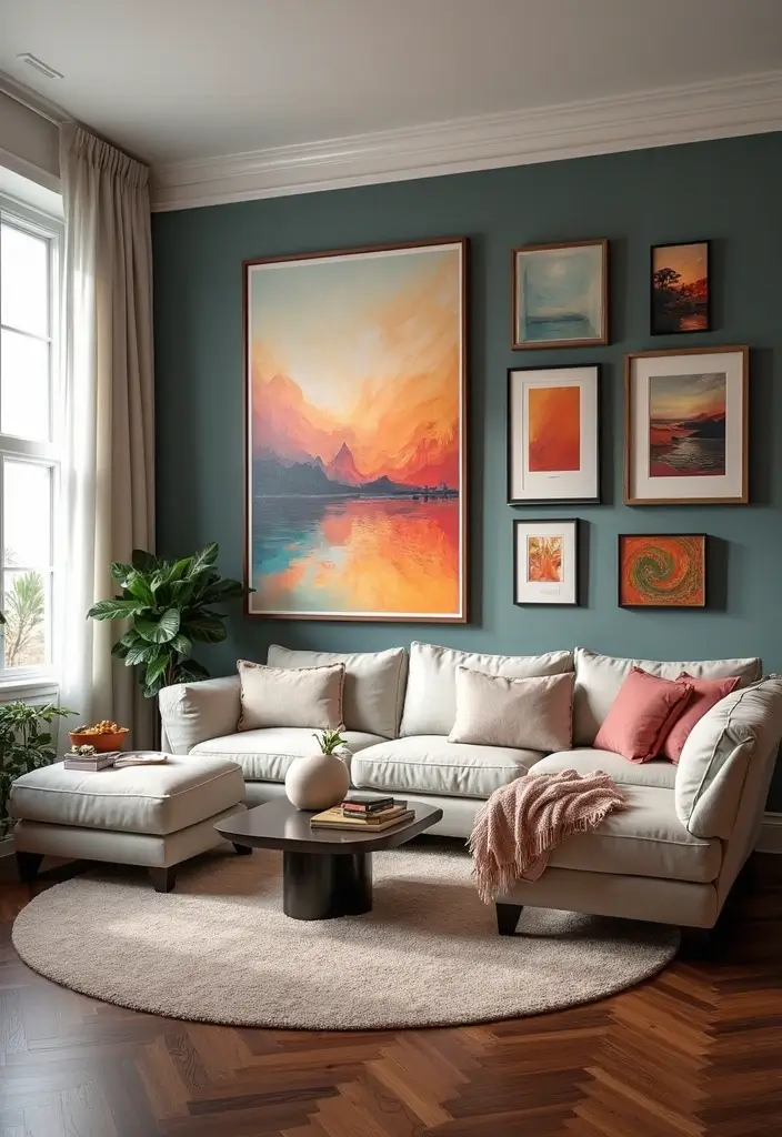 25 Dark Brown Wood Floor Living Room Decor Ideas for a Warm Modern Look 29 25 Dark Brown Wood Floor Living Room Decor Ideas for a Warm Modern Look - 5. Statement Wall Art