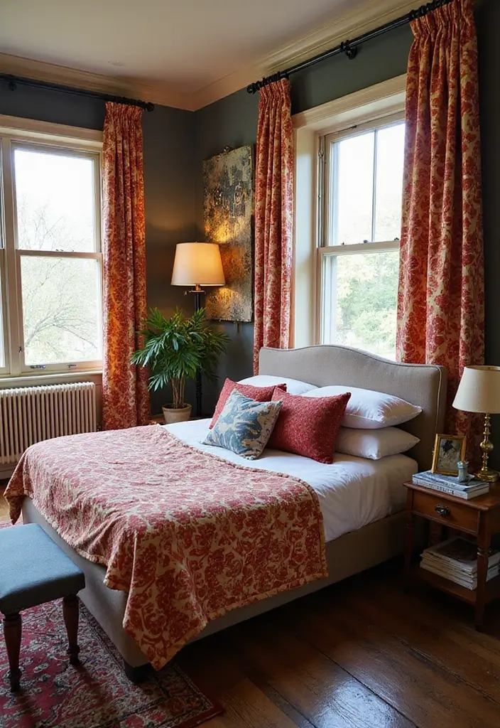 25 Dark Wood Floor Bedroom Decor Ideas for a Timeless Feel - 12. Mix Patterns Boldly