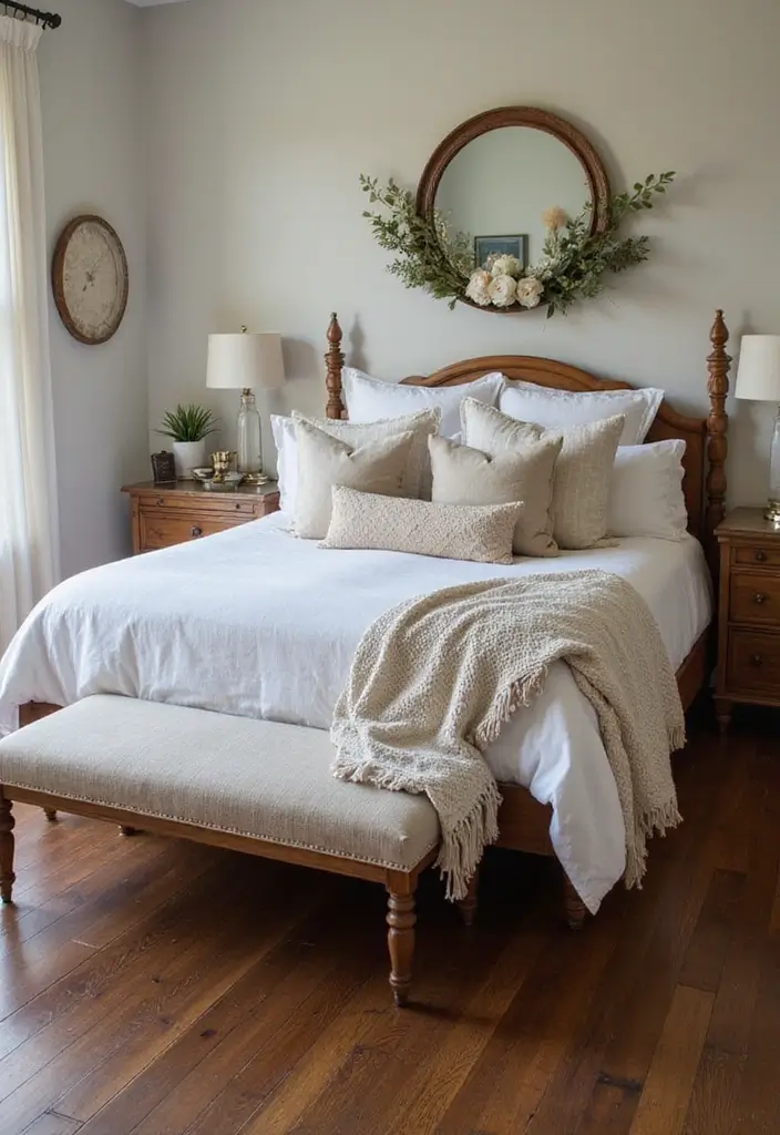 25 Dark Wood Floor Bedroom Decor Ideas for a Timeless Feel - 17. Integrate a Bench or Ottoman