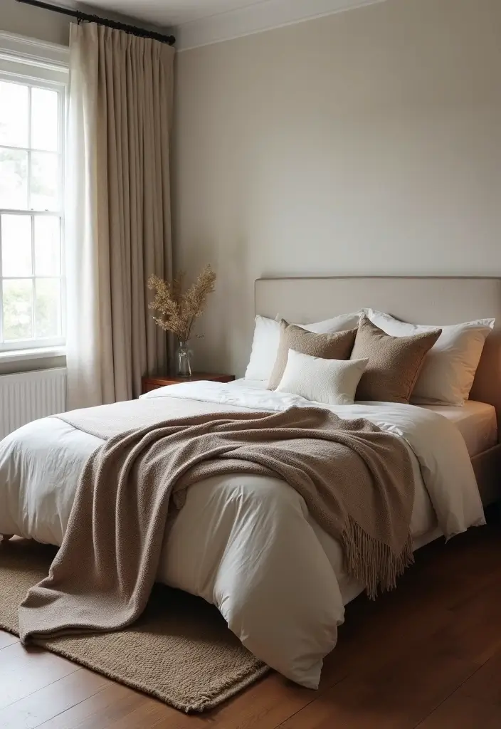 25 Dark Wood Floor Bedroom Decor Ideas for a Timeless Feel - 19. Neutral Bedding for Balance