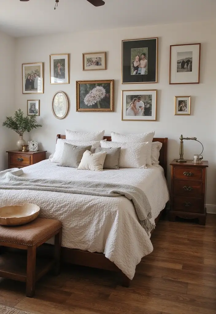 25 Dark Wood Floor Bedroom Decor Ideas for a Timeless Feel - 21. Personal Touches with Photos