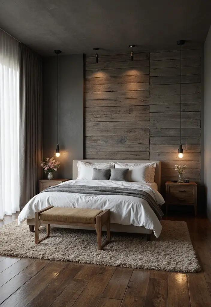 25 Dark Wood Floor Bedroom Decor Ideas for a Timeless Feel - 23. Incorporate Textured Walls