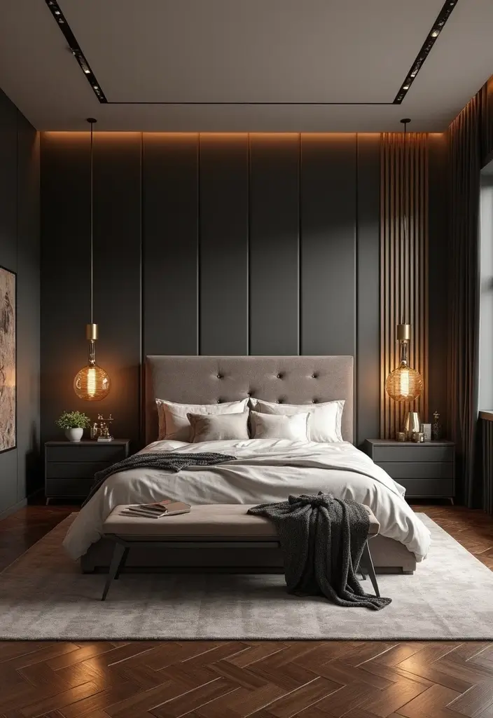 25 Dark Wood Floor Bedroom Decor Ideas for a Timeless Feel - 25. Balance with Metallic Accents