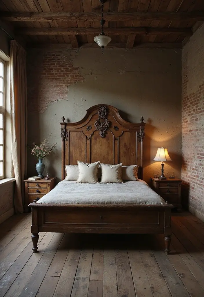 25 Dark Wood Floor Bedroom Decor Ideas for a Timeless Feel - 3. Rustic Charm with Vintage Accents