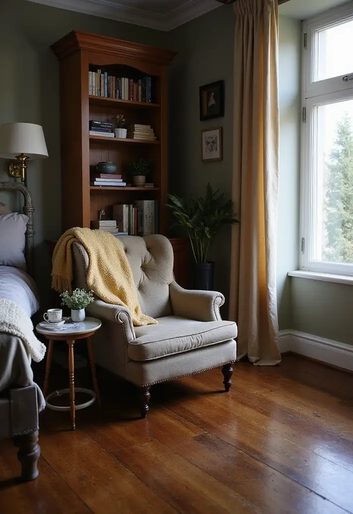 25 Dark Wood Floor Bedroom Decor Ideas for a Timeless Feel - 6. Create a Cozy Reading Nook