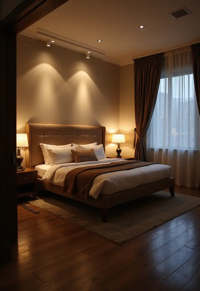 25 Dark Wood Floor Bedroom Decor Ideas for a Timeless Feel - 7. Play with Lighting