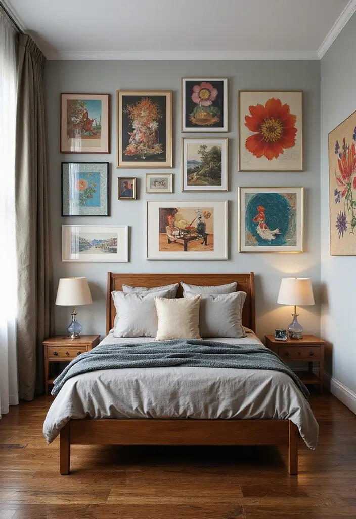25 Dark Wood Floor Bedroom Decor Ideas for a Timeless Feel - 9. Integrate Artwork