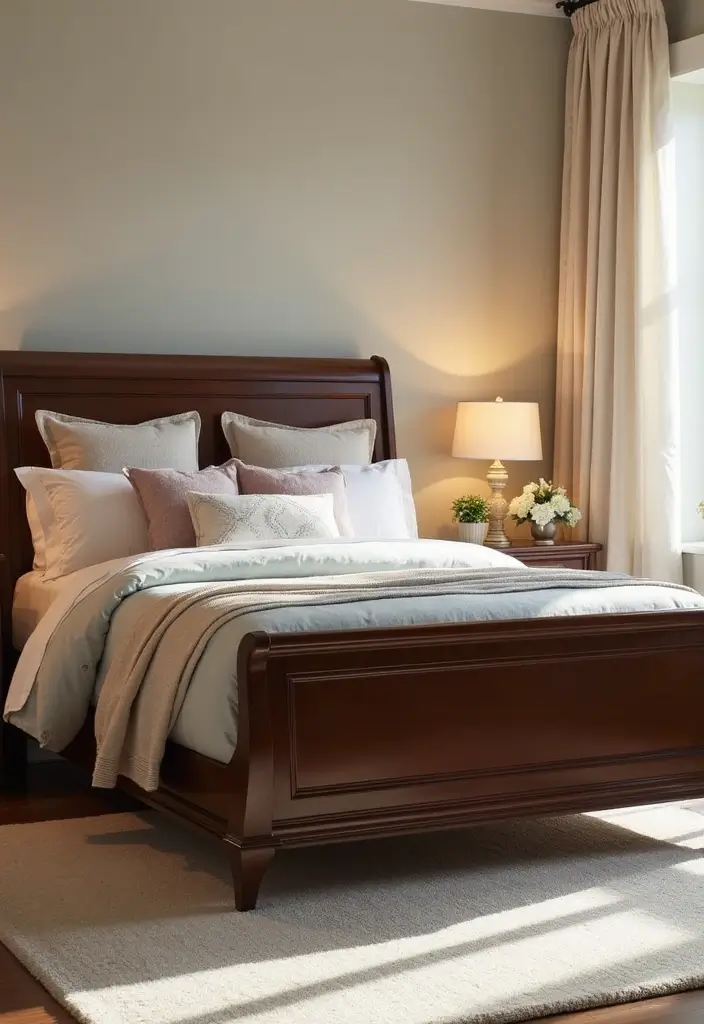25 Dark Wood Sleigh Bed Decor Ideas for Elegant Bedrooms 1 25 Dark Wood Sleigh Bed Decor Ideas for Elegant Bedrooms - 1. Embrace Contrast with Light Accents