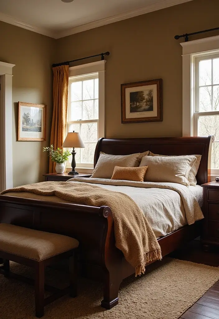 25 Dark Wood Sleigh Bed Decor Ideas for Elegant Bedrooms 38 25 Dark Wood Sleigh Bed Decor Ideas for Elegant Bedrooms - 10. Choose a Cozy Color Palette