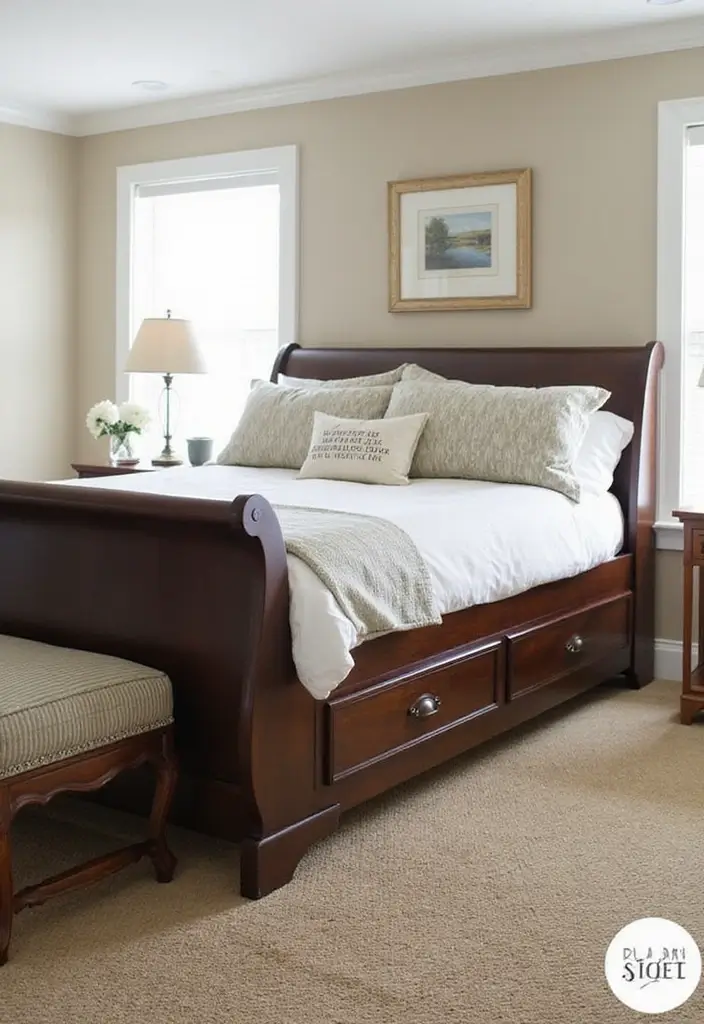 25 Dark Wood Sleigh Bed Decor Ideas for Elegant Bedrooms 45 25 Dark Wood Sleigh Bed Decor Ideas for Elegant Bedrooms - 11. Multi-functional Decor