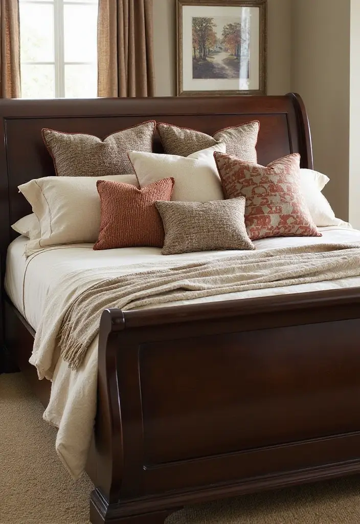 25 Dark Wood Sleigh Bed Decor Ideas for Elegant Bedrooms 46 25 Dark Wood Sleigh Bed Decor Ideas for Elegant Bedrooms - 12. Artistic Throw Pillows