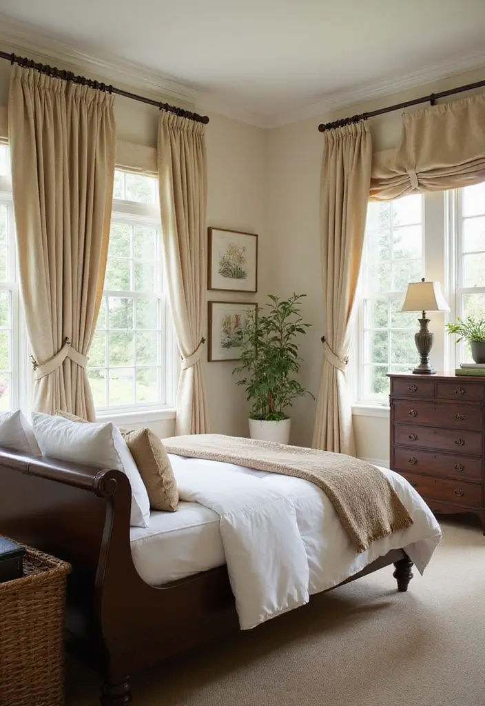 25 Dark Wood Sleigh Bed Decor Ideas for Elegant Bedrooms 58 25 Dark Wood Sleigh Bed Decor Ideas for Elegant Bedrooms - 16. Elegant Window Treatments