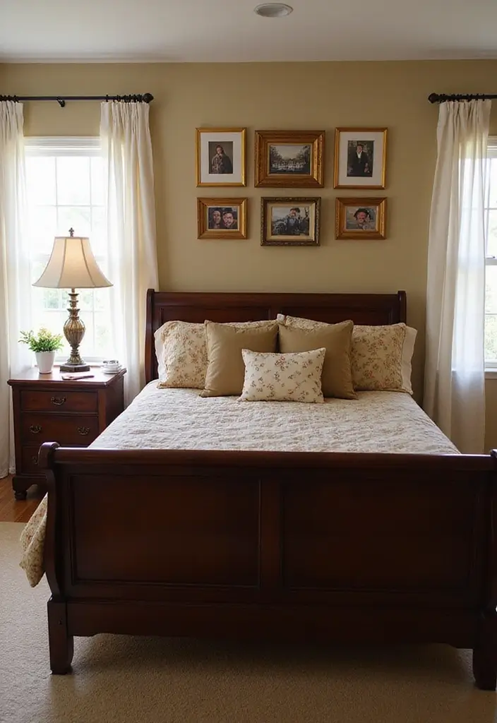 25 Dark Wood Sleigh Bed Decor Ideas for Elegant Bedrooms 73 25 Dark Wood Sleigh Bed Decor Ideas for Elegant Bedrooms - 19. Personal Touches with Photos