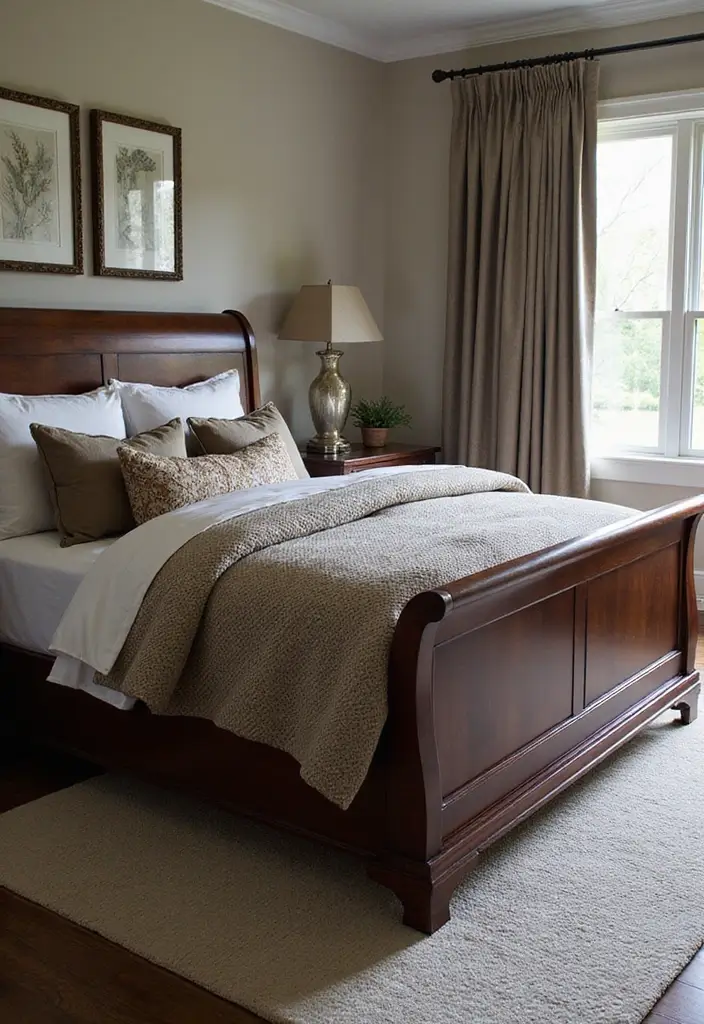 25 Dark Wood Sleigh Bed Decor Ideas for Elegant Bedrooms 81 25 Dark Wood Sleigh Bed Decor Ideas for Elegant Bedrooms - 21. Harmonizing Texture and Color
