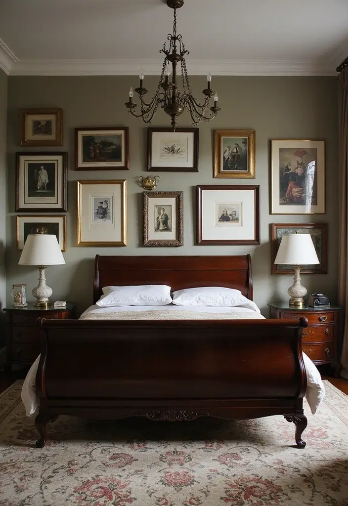 25 Dark Wood Sleigh Bed Decor Ideas for Elegant Bedrooms 15 25 Dark Wood Sleigh Bed Decor Ideas for Elegant Bedrooms - 3. Elegant Wall Art Displays