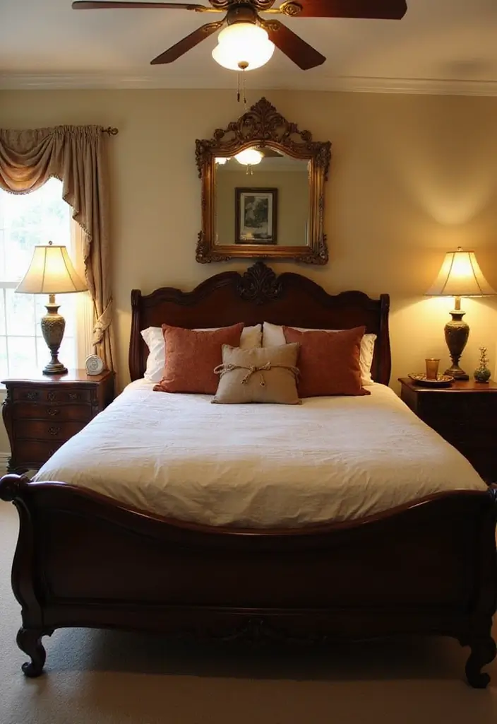 25 Dark Wood Sleigh Bed Decor Ideas for Elegant Bedrooms 22 25 Dark Wood Sleigh Bed Decor Ideas for Elegant Bedrooms - 4. Incorporate Vintage Accents