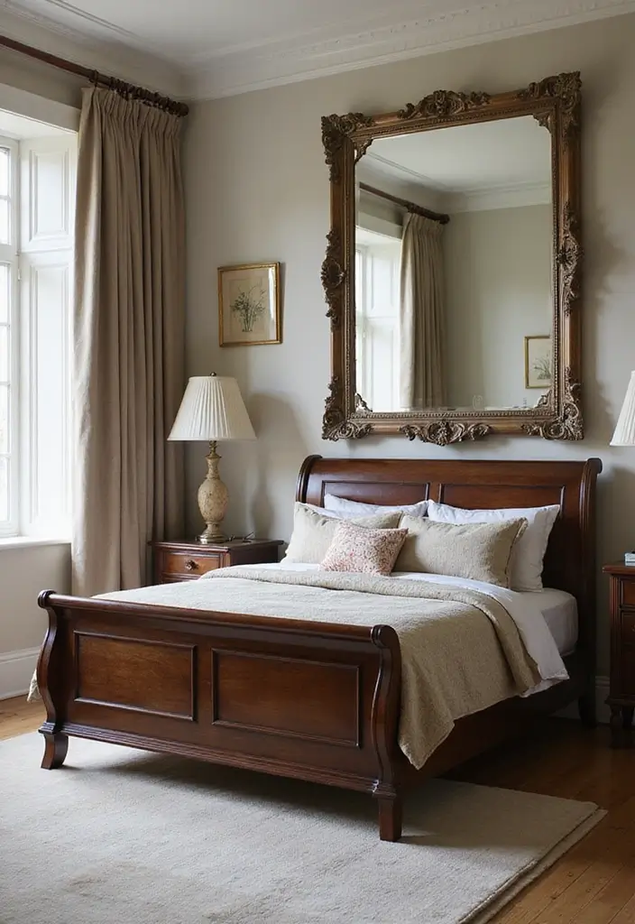 25 Dark Wood Sleigh Bed Decor Ideas for Elegant Bedrooms 27 25 Dark Wood Sleigh Bed Decor Ideas for Elegant Bedrooms - 7. Utilize Statement Mirrors
