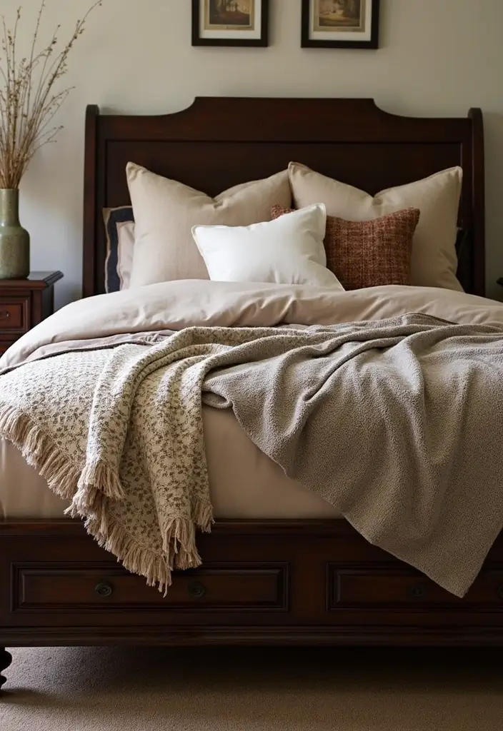 25 Dark Wood Sleigh Bed Decor Ideas for Elegant Bedrooms 30 25 Dark Wood Sleigh Bed Decor Ideas for Elegant Bedrooms - 8. Use Layered Bedding
