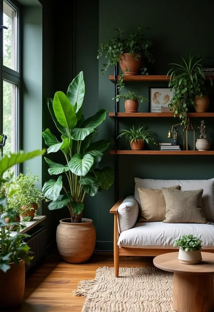 25 Living Room Decor Ideas Featuring Rich Dark Wood Finishes 45 25 Living Room Decor Ideas Featuring Rich Dark Wood Finishes - 15. Dark Wood with Greenery