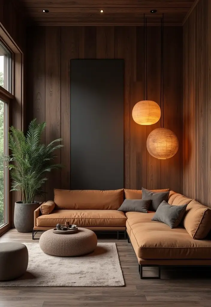 25 Living Room Decor Ideas Featuring Rich Dark Wood Finishes 47 25 Living Room Decor Ideas Featuring Rich Dark Wood Finishes - 17. Dark Wood Lighting Fixtures