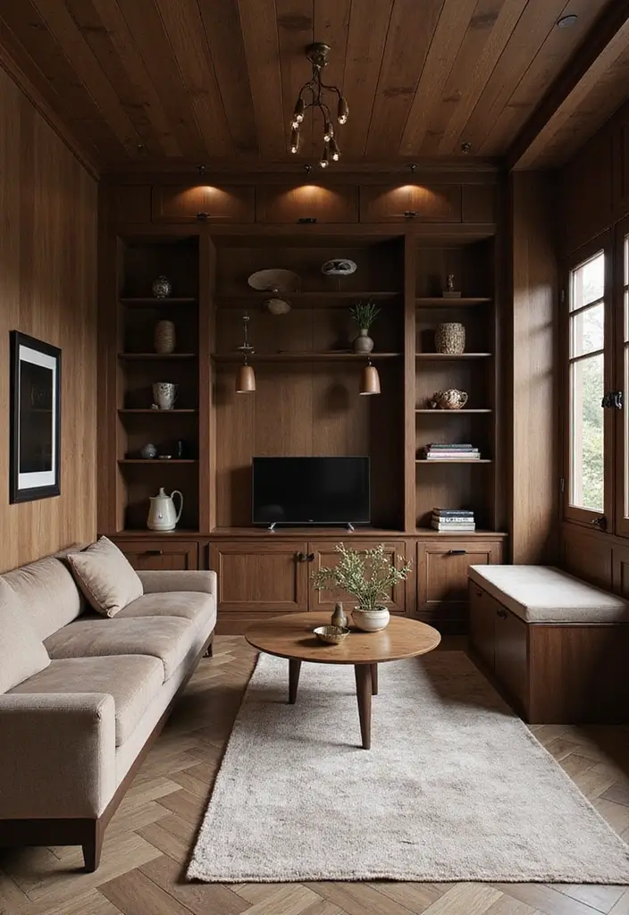25 Living Room Decor Ideas Featuring Rich Dark Wood Finishes 57 25 Living Room Decor Ideas Featuring Rich Dark Wood Finishes - 21. Dark Wood Built-In Features