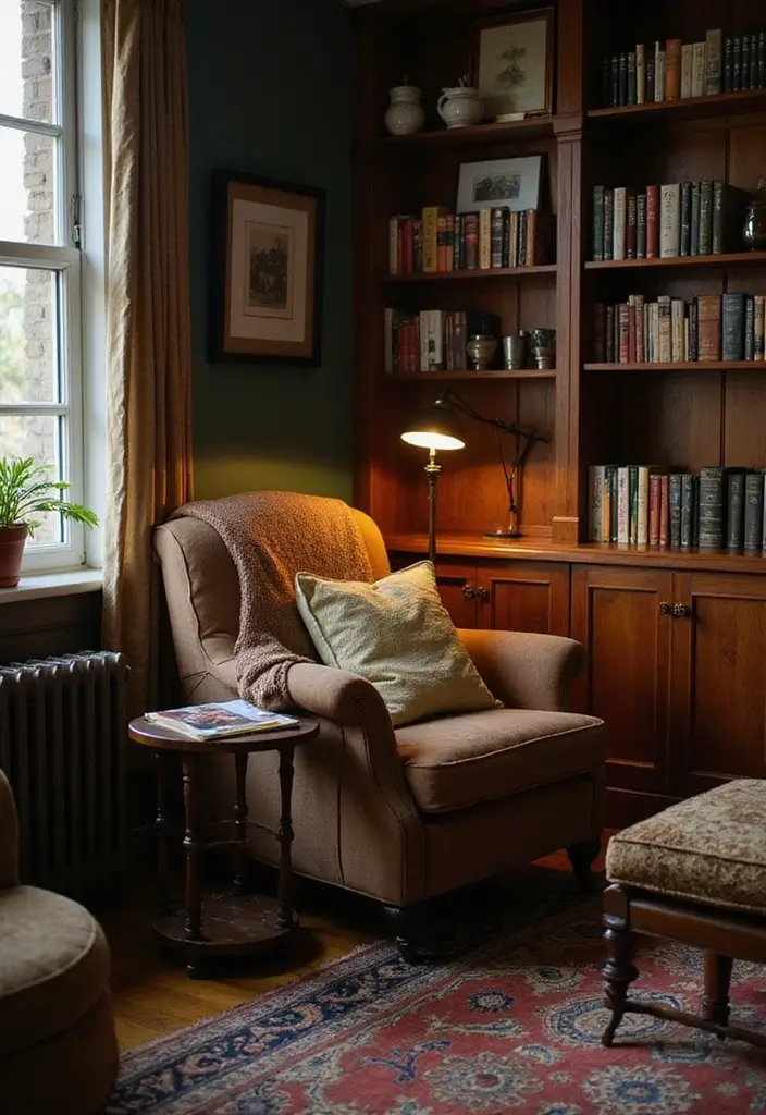 25 Living Room Decor Ideas Featuring Rich Dark Wood Finishes 9 25 Living Room Decor Ideas Featuring Rich Dark Wood Finishes - 3. Cozy Corner with a Dark Wood Armchair