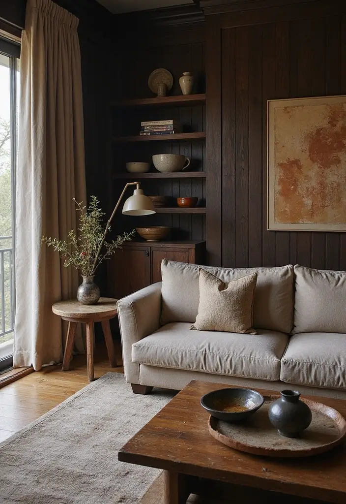 25 Living Room Decor Ideas Featuring Rich Dark Wood Finishes 15 25 Living Room Decor Ideas Featuring Rich Dark Wood Finishes - 5. Layering Textures with Dark Wood Finishes