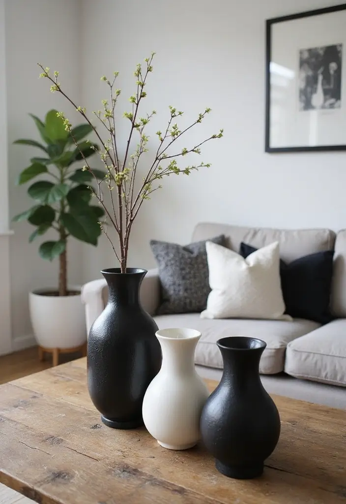 25 Natural Wood Black and White Decor Ideas for Modern Homes 51 25 Natural Wood Black and White Decor Ideas for Modern Homes - 15. Black and White Ceramic Vases