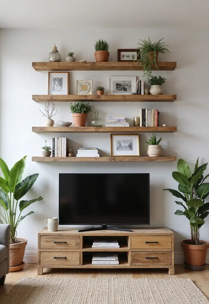 25 TV Wall Decor Ideas Using Pallet Wood 6 25 TV Wall Decor Ideas Using Pallet Wood - 4. Layered Pallet Wood Shelves