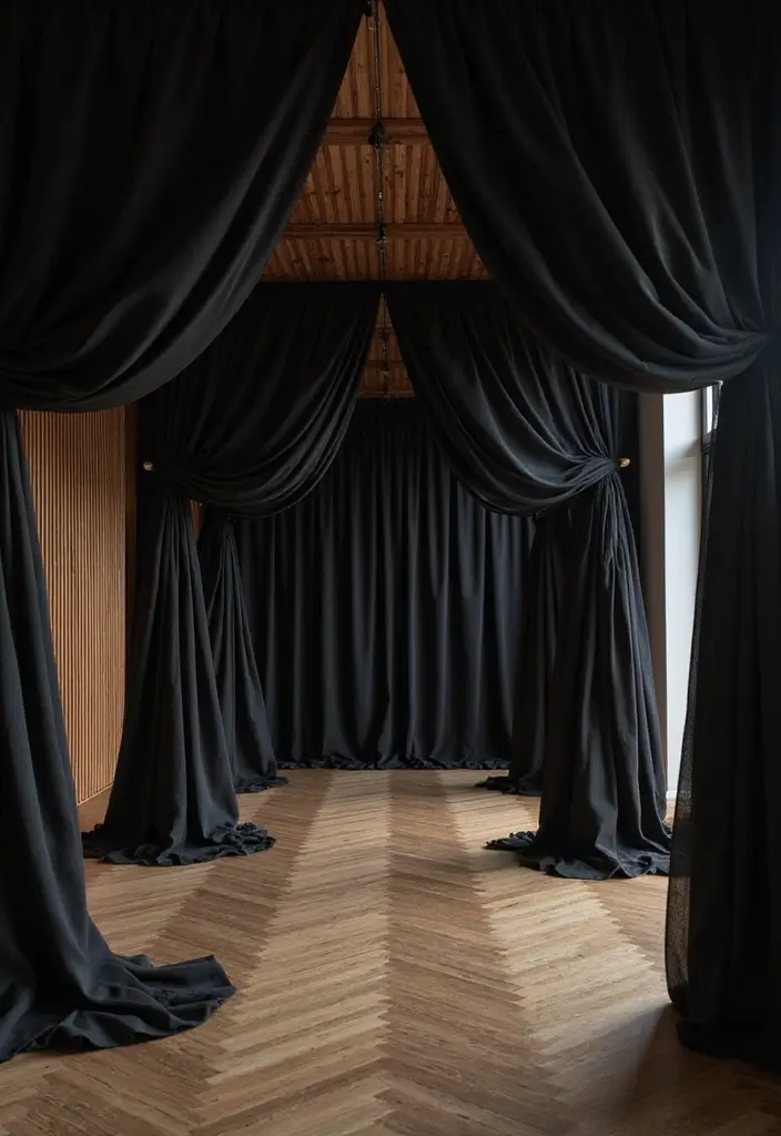 27 Black and Wood Party Decor Ideas for a Classy Setup 32 27 Black and Wood Party Decor Ideas for a Classy Setup - 10. Elegant Black Fabric Draping