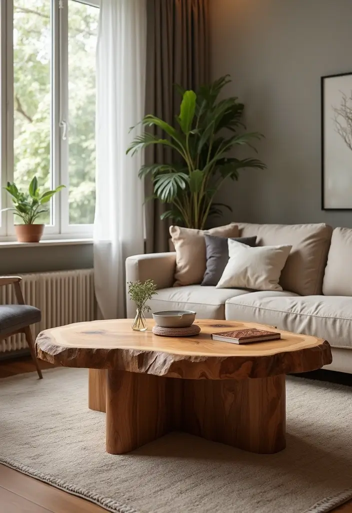 27 Brown Wood Living Room Decor Ideas That Feel Cozy and Balanced 33 27 Brown Wood Living Room Decor Ideas That Feel Cozy and Balanced - 15. Incorporate a Wood Slab Coffee Table